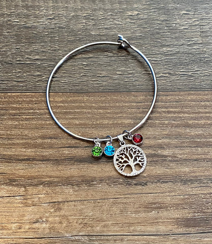 Stainless Steel Family Tree With Birthstone Bangle Charm Bracelet