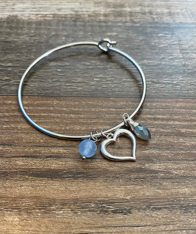 Stainless Steel Heart With Blue Stones Bangle Charm Bracelet