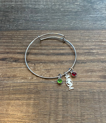 Stainless Steel Mom Bangle Charm Bracelet With Birthstone