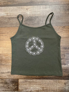 Olive Green Daisy Peace Sign Cami Crop Top