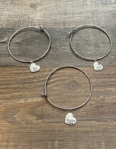 Stainless Steel Little Sis, Middle Sis, and Big Sis Bangle Charm Bracelets